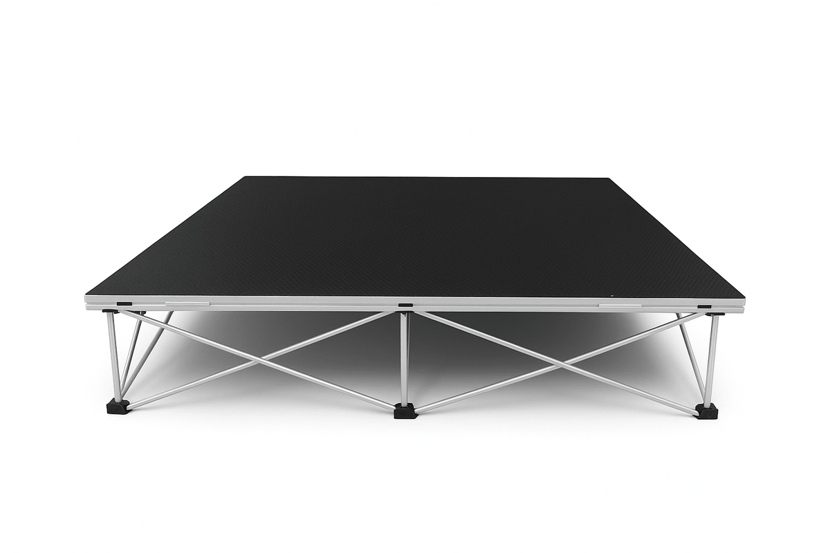 LimeLight Lite Series 4x4 stage riser in Black HexCoat Laminate at 8" height. Ideal for schools, churches, and event professionals.