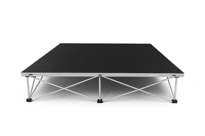 LimeLight Lite Series 4x4 stage riser in Black HexCoat Laminate at 8" height. Ideal for schools, churches, and event professionals.