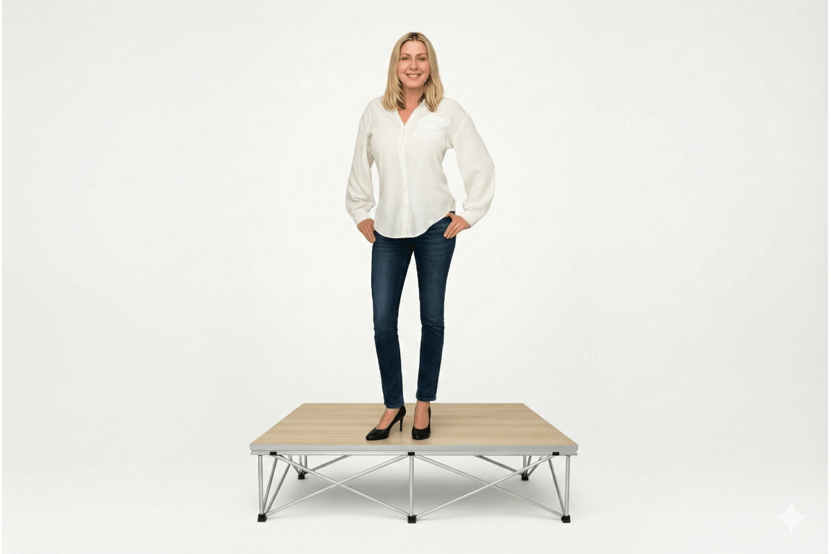Woman standing on a LimeLight Lite Series 4x4 stage riser in Grey Carpet at 8" height. Ideal for schools, churches, and event professionals.