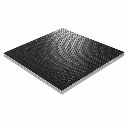 LimeLight Lite Series 4x4 modular stage platform in Black HexCoat Laminate. Ideal for schools, churches, and event professionals.