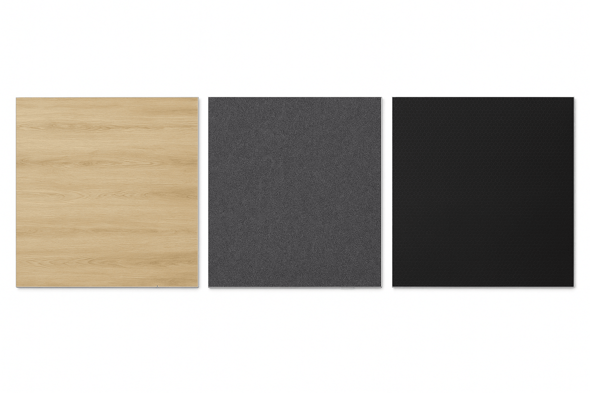 LimeLight Lite Series 4x4 modular stage platform in Wood Laminate, Grey Carpet, and Black HexCoat. Ideal for schools, churches, and event professionals.