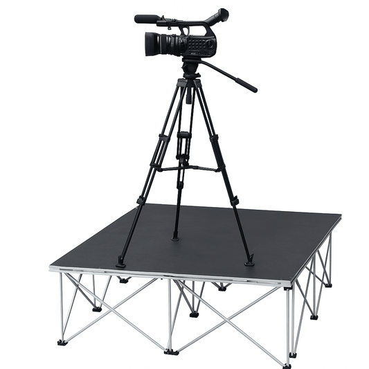 Black video camera on a tripod over a LimeLight Lite Series 4x4 camera riser stage riser in HexCoat Finish at 24" height. Ideal for schools, churches, and event professionals.
