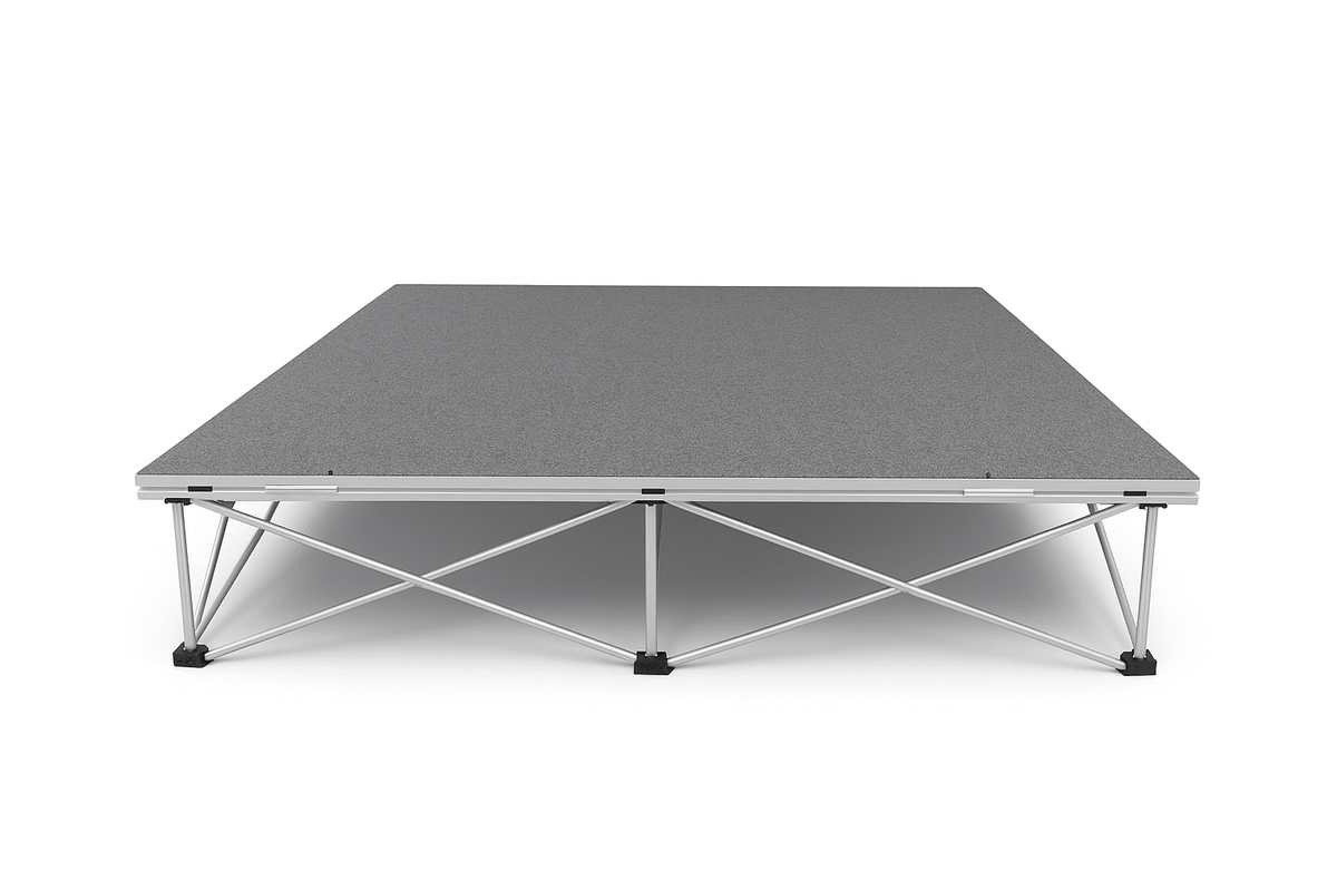 LimeLight Lite Series 4x4 camera riser stage riser in Grey Carpet at 8" height. Ideal for schools, churches, and event professionals.