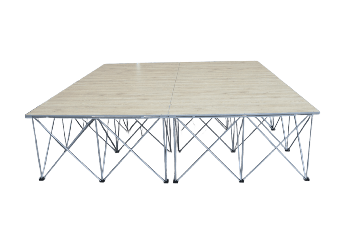 LimeLight Lite Series 8x8 modular stage platform in Wood Laminate at 16" height. Ideal for schools, churches, and event professionals.
