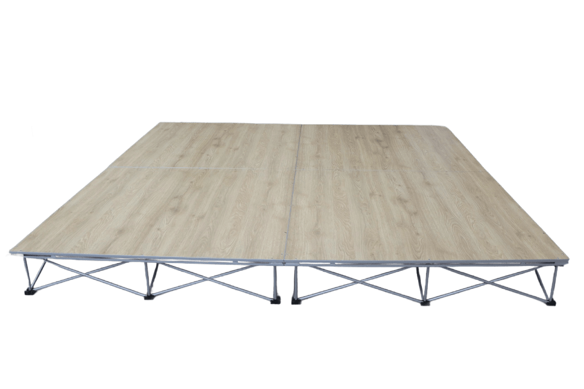 LimeLight Lite Series 8x8 modular stage platform in Wood Laminate at 8" height. Ideal for schools, churches, and event professionals.
