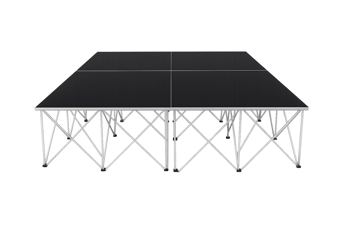LimeLight Lite Series 8x8 modular stage platform in Black HexCoat Laminate at 16" height. Ideal for schools, churches, and event professionals.
