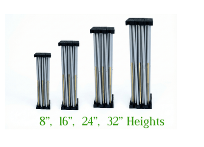 LimeLight stage X riser bases shown in four different sizes for portable stage platforms. Ideal for schools, churches, and event professionals.