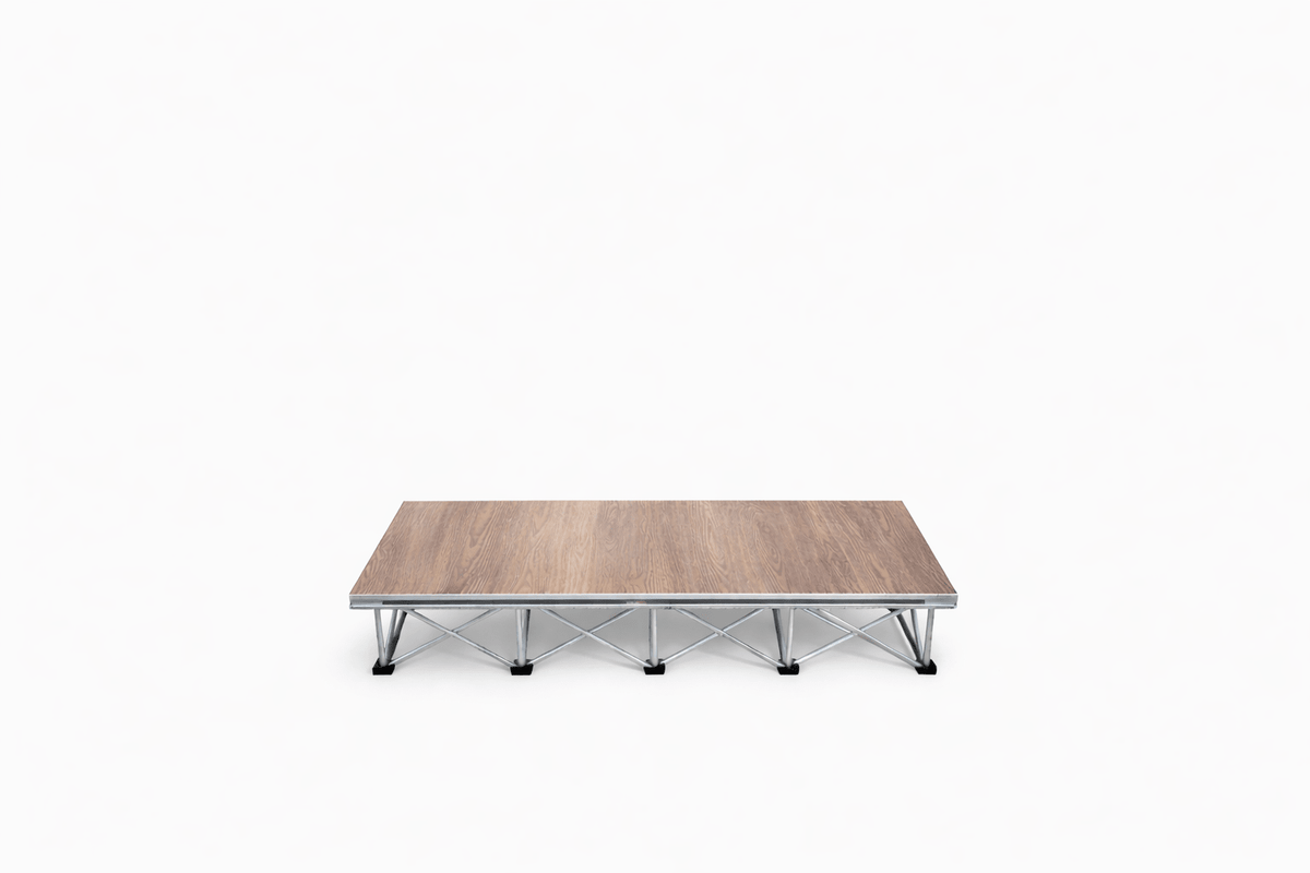 LimeLight 1-step platform riser kit with expandable X Riser base system, designed for quick setup and compact transport. Wood Laminate Finish. Ideal for schools, churches, and event professionals