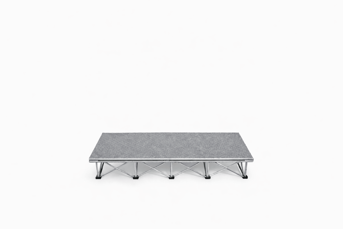 LimeLight 1-step platform riser kit with expandable X Riser base system, designed for quick setup and compact transport. Carpet Finish. Ideal for schools, churches, and event professionals