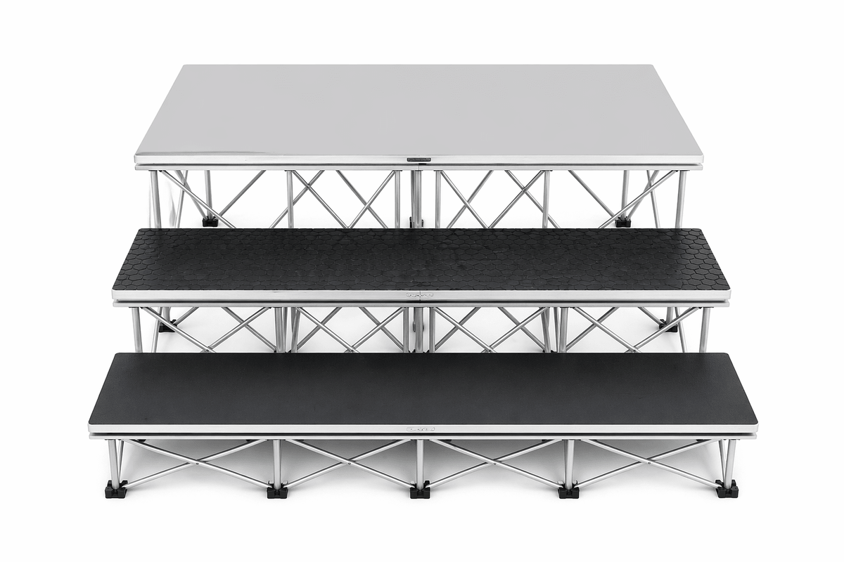LimeLight two-step stair system with black HexCoat finish for modular portable stages.