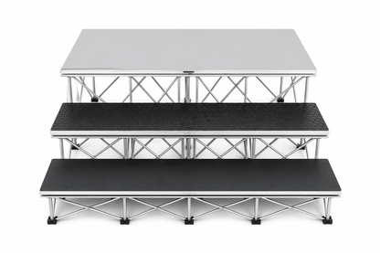 LimeLight two-step stair system with black HexCoat finish for modular portable stages.
