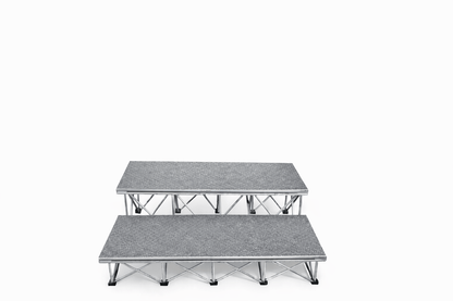 LimeLight 2-step platform riser kit with expandable X Riser base system, designed for quick setup and compact transport. Carpet Finish. Ideal for schools, churches, and event professionals