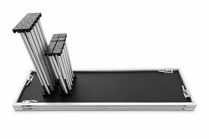 LimeLight portable 2 step platforms with 2 X Riser Bases, shown folded down for transport. Lightweight modular staging system ideal for schools, churches, and event professionals.