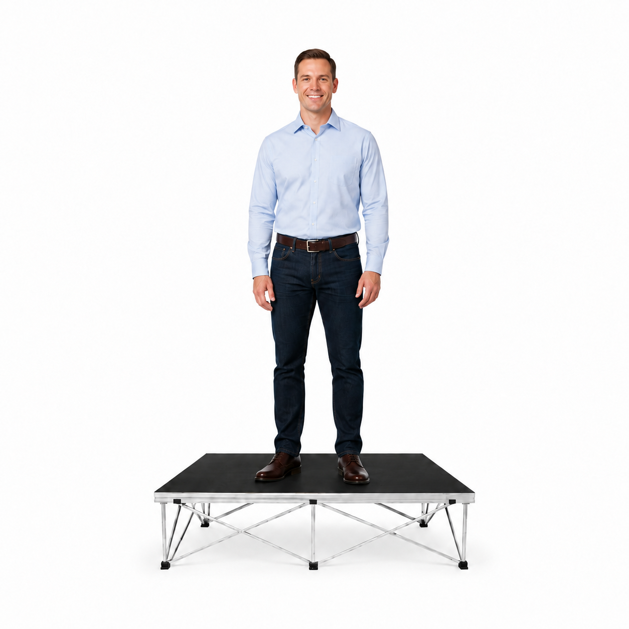 Man standing on a LimeLight portable stage with black HexCoat finish.