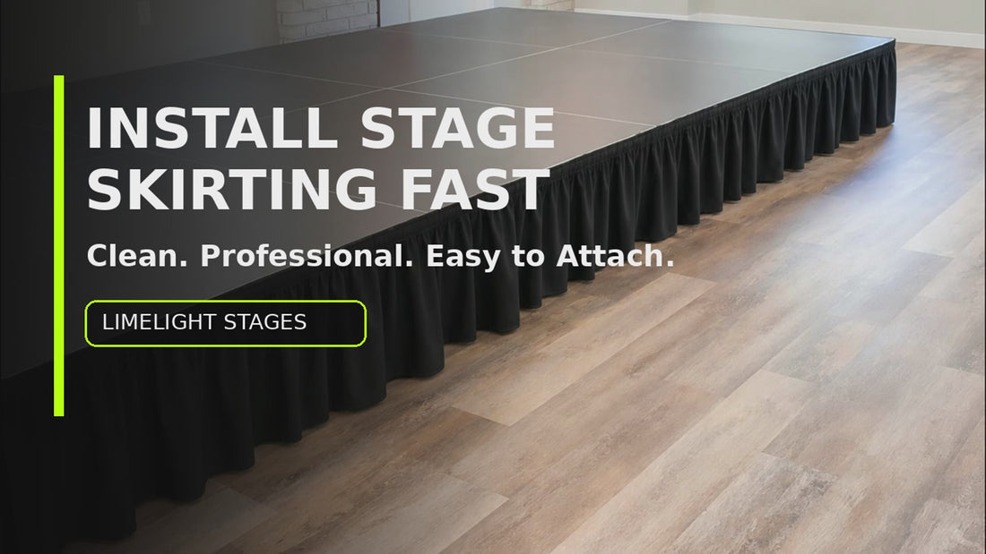 LimeLight portable stage skirting installed around a modular stage for a clean professional event finish